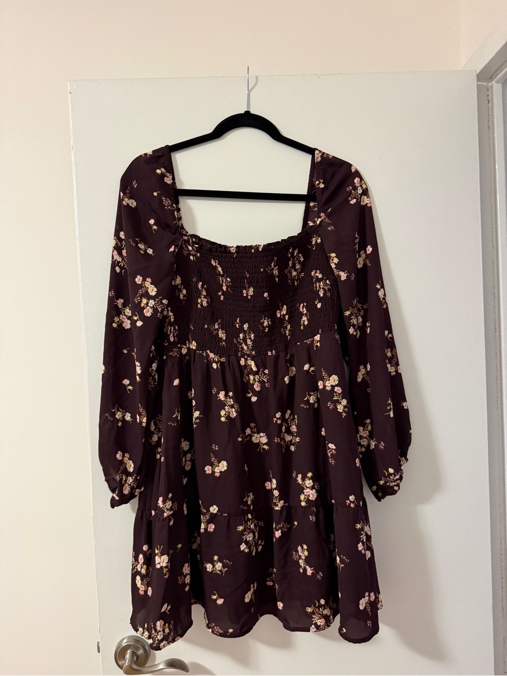 Abercrombie & Fitch Maroon Floral Long-Sleeve Smocked Dress